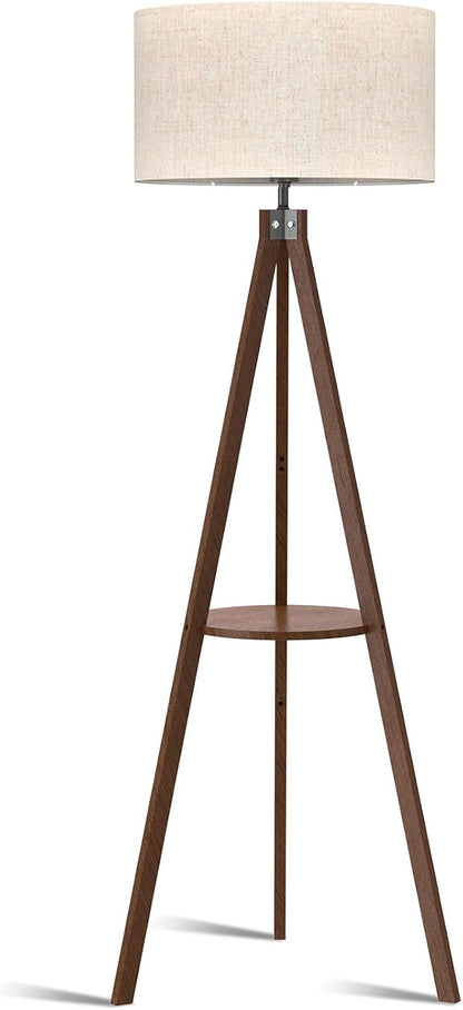 LEPOWER Tripod Floor Lamp, Mid Century Wood Standing Lamp, Modern Design Shelf Floor Lamp for Living Room, Bedroom, Office, Flaxen Linen Shade with E26 Base Brown