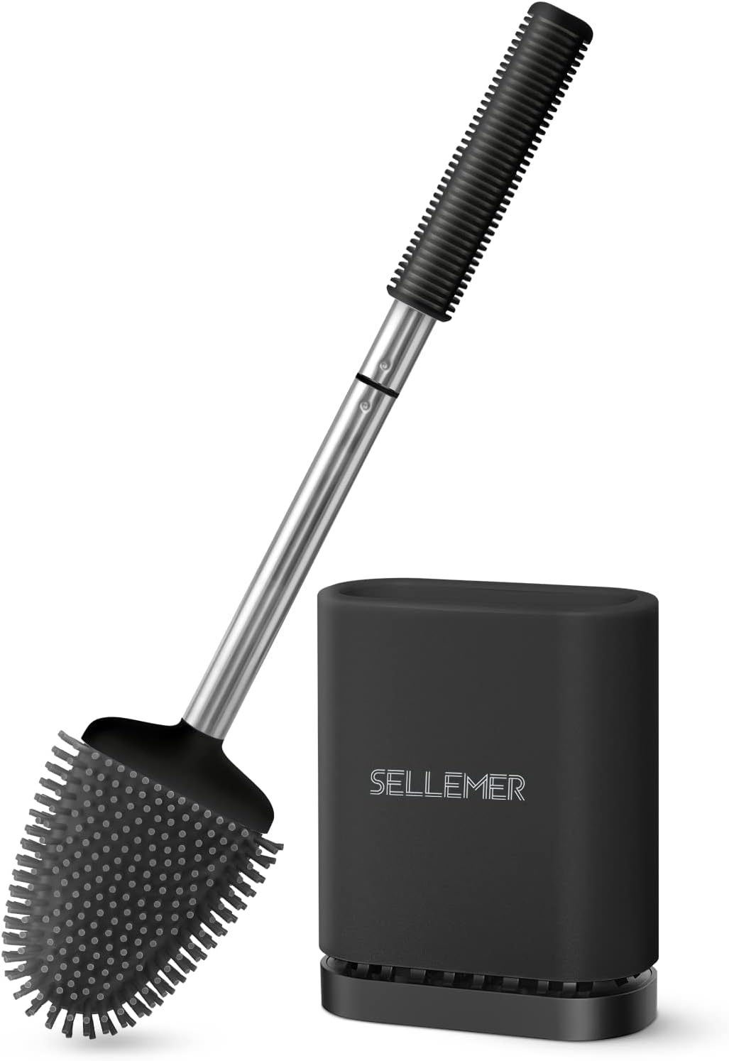 Sellemer Toilet Brush and Holder Set - Flexible Toilet Bowl Brush Head with Silicone Bristles, Compact Size for Storage and Organization, Ventilation Slots Base (1 Pack, Silver)