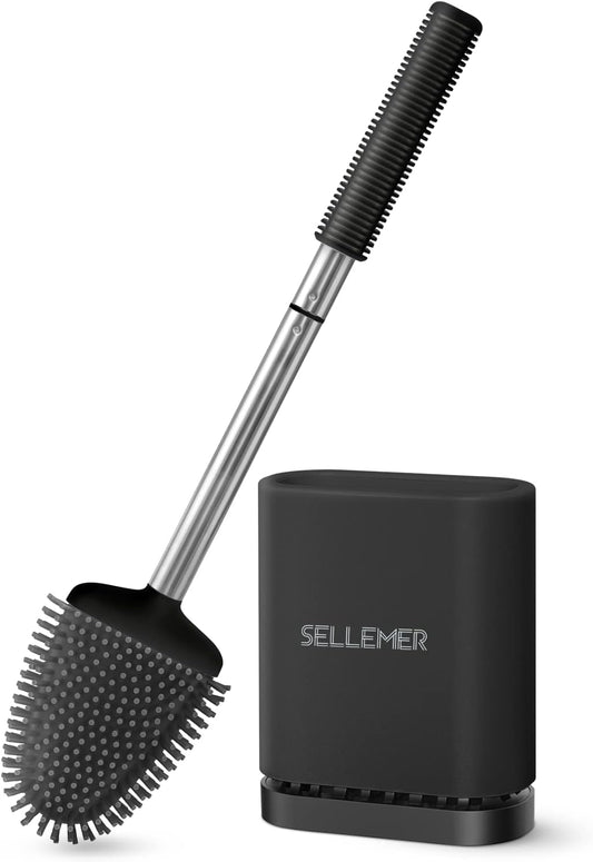 Sellemer Toilet Brush and Holder Set - Flexible Toilet Bowl Brush Head with Silicone Bristles, Compact Size for Storage and Organization, Ventilation Slots Base (1 Pack, Silver)