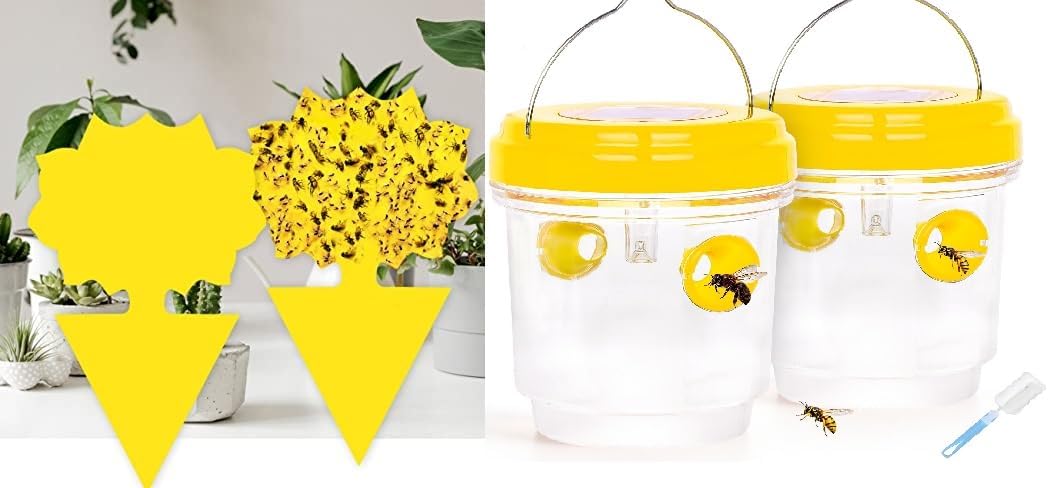 Solar Wasp Bee Trap, Outdoor Hanging LED Light Reusable Catcher for Outside | Brush Included, DIY Bait, Fits Hornet, Yellow Jacket, Wasp & Carpenter Bee, All-day Outdoor Use for Garden, Orchard & Farm