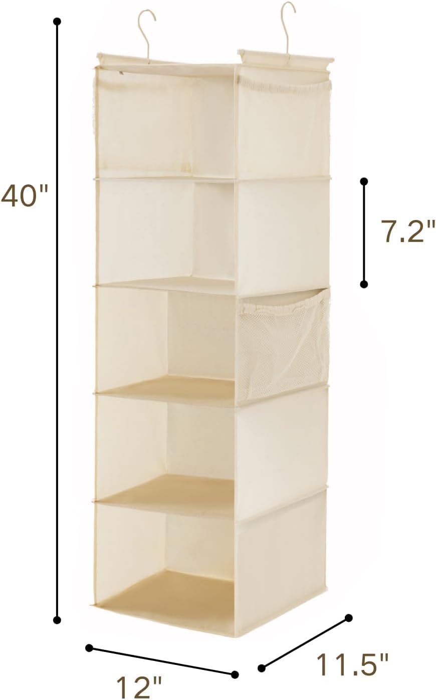 MAX Houser 4-Shelf Hanging Closet Organizer, Space Saver, Cloth Hanging Shelves with 2 Side Pockets, Foldable (Beige)