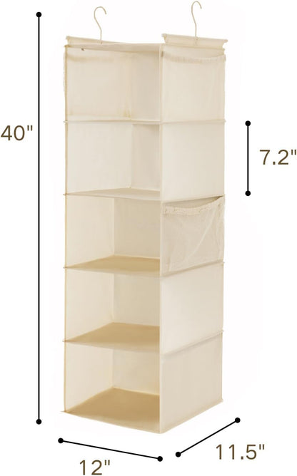 MAX Houser 4-Shelf Hanging Closet Organizer, Space Saver, Cloth Hanging Shelves with 2 Side Pockets, Foldable (Beige)