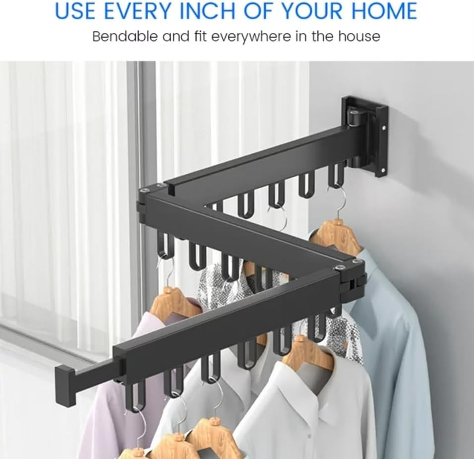 Clothes Drying Rack Wall Mounted Retractable, Aluminum Collapsible Laundry Organizer, Space-Saver Hanger Holds Quilts for Bedroom Bathroom Balcony (Grey)