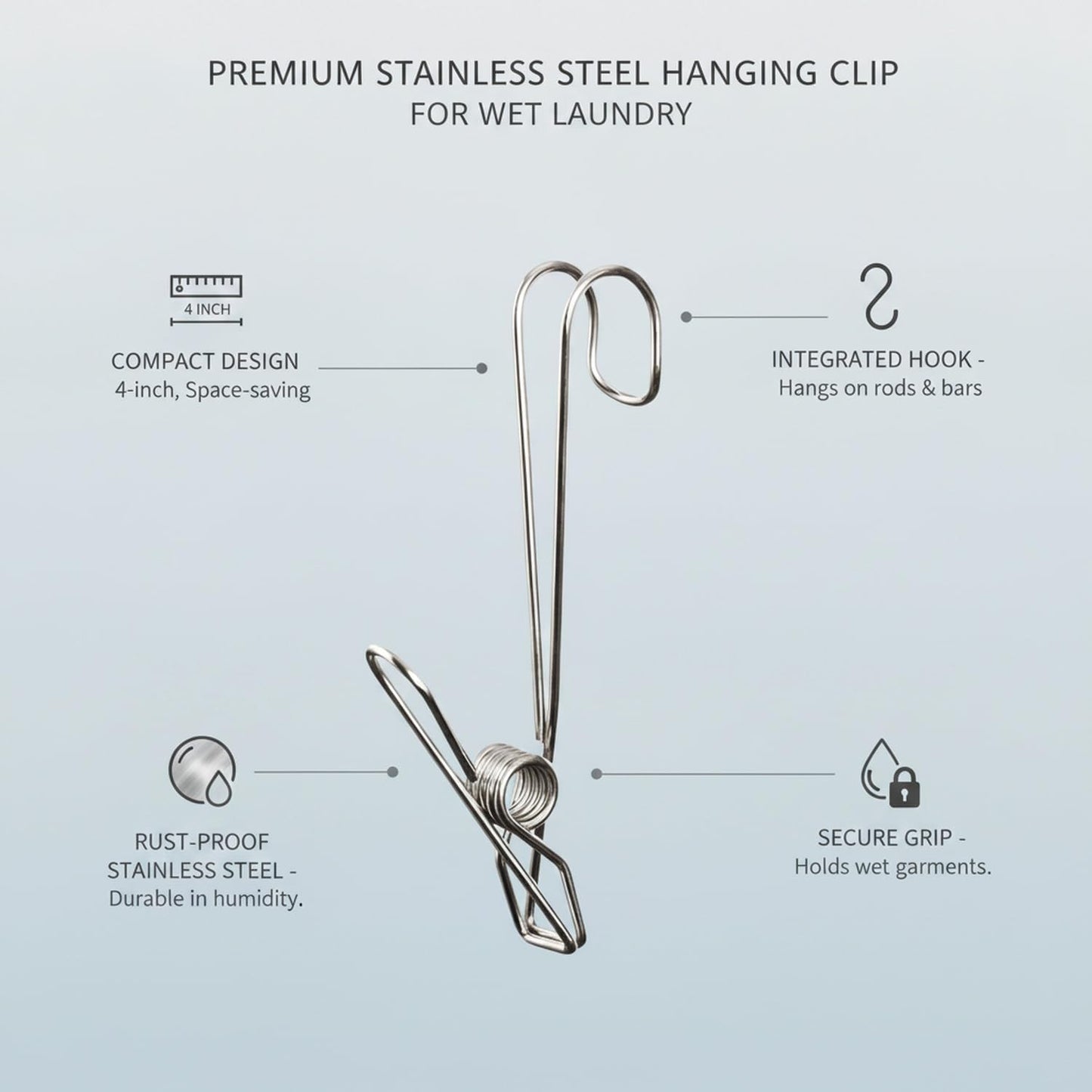 Stainless Steel Hanging Clips for Wet Laundry - Space Saving Hook & Clip Hanger for Bathroom Shower Rods, Towel Bars & Closet Organization