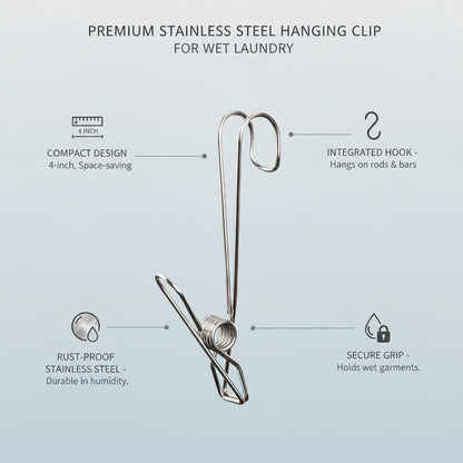 Stainless Steel Hanging Clips for Wet Laundry - Space Saving Hook & Clip Hanger for Bathroom Shower Rods, Towel Bars & Closet Organization