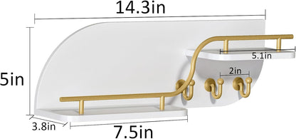 Key Holder for Wall, Decorative Key and Mail Organizer with 6 Sturdy Metal Hooks and Floating Shelf, 14 Inches Wood Wall Mounted Key Rack for Entryway, White and Gold