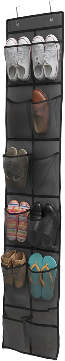 Over the Door Shoe Organizer, 12 Mesh Pockets Hanging Shoe Organizer with 4 Metal Hooks (Black)