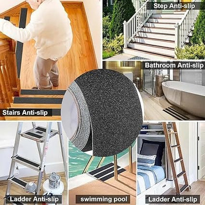 Qilima Anti Slip Tape - Waterproof Non Slip Stair Grips, Outdoor Adhesive Grip Tape for Step Treads, Black, 2inx16.5ft