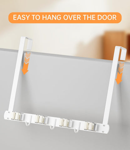 Broom Holder Over The Door - 304 Stainless Steel Mop and Broom Holder Wall Mounted or Hanging Over The Door with Hooks - Broom Hanger - white, Broom Storage Tool Organizer for Closet Laundry