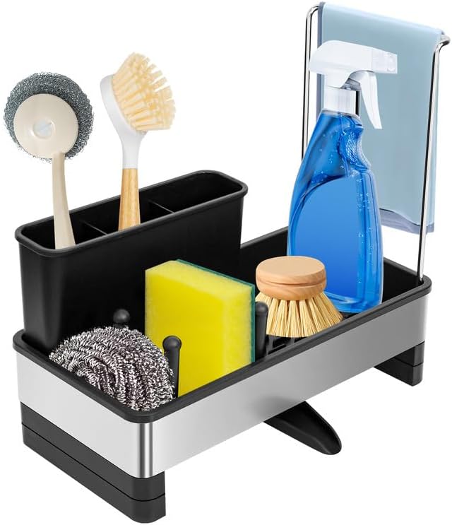 Kitchen Sink Caddy,Sponge Holder for Kitchen Sink with Dish Brush Holder, Auto Drain Tray, Sponge Drain Rack,Stainless Steel Sink Organizer Countertop，Sponge Soap(Grey)