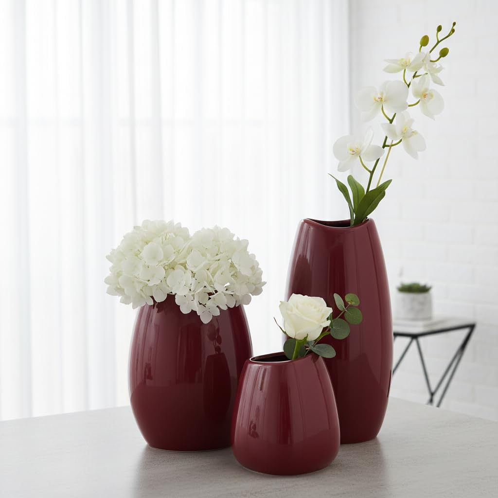 hjn Ceramic Vase Set of 3 White Flower Vase for Home Decor, Modern Decorative Vases for Flowers/Ideal Shelf Decor/Table/Living Room/Kitchen/Office-White