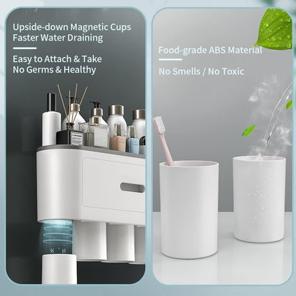 Toothbrush Holders for Bathrooms Wall Mounted, 6 Slot Toothbrush Holder with 2 Automatic Toothpaste Dispensers, 2 Magnetic Cups, Large Capacity Bathroom Organizer, Wall Storage with Drawer
