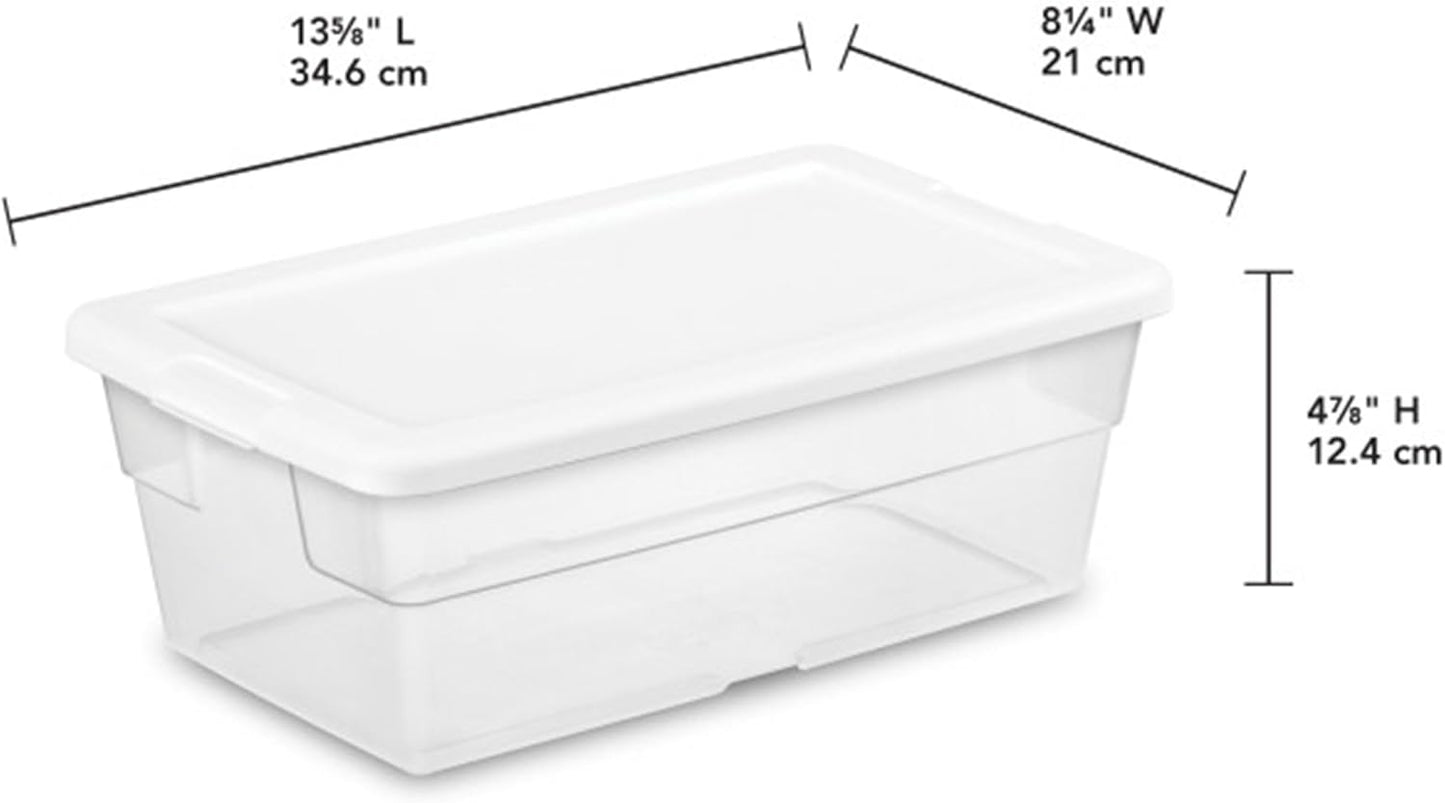 Sterilite 6 Pack Storage Box, 41 Quart Stackable Tote, Clear Plastic Container with Secure Snapping White Lids for Home and Office Organization