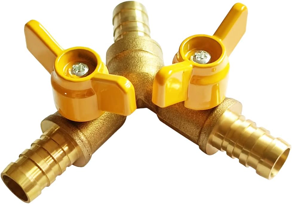 Uenede Brass 1/4 Inch 3-way Y-shaped Shut-off Ball Valve with 2-switch 1/4" Hose Barb Include 3 Stainless Steel Clamps Hose Pipe Barb Fitting for Water/Oil/Gas