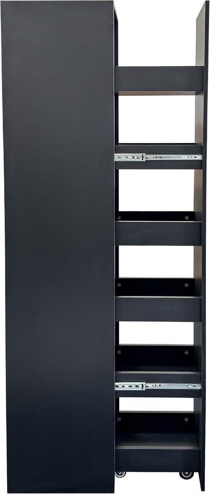 LUMISOL Slim Wood Spice Rack Next to Fridge, 6-Layer Kitchen Cart with Shelf, Narrow Storage Cabinet with Handle & Wheels, Pantry Shelf for Kitchen Small Space, Black