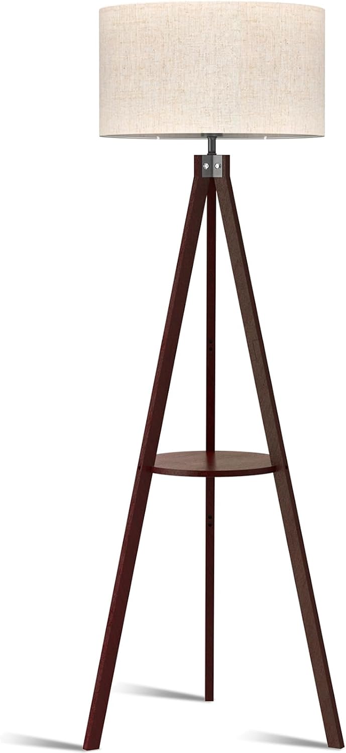 LEPOWER Tripod Floor Lamp, Mid Century Wood Standing Lamp, Modern Design Shelf Floor Lamp for Living Room, Bedroom, Office, Flaxen Linen Shade with E26 Base Brown