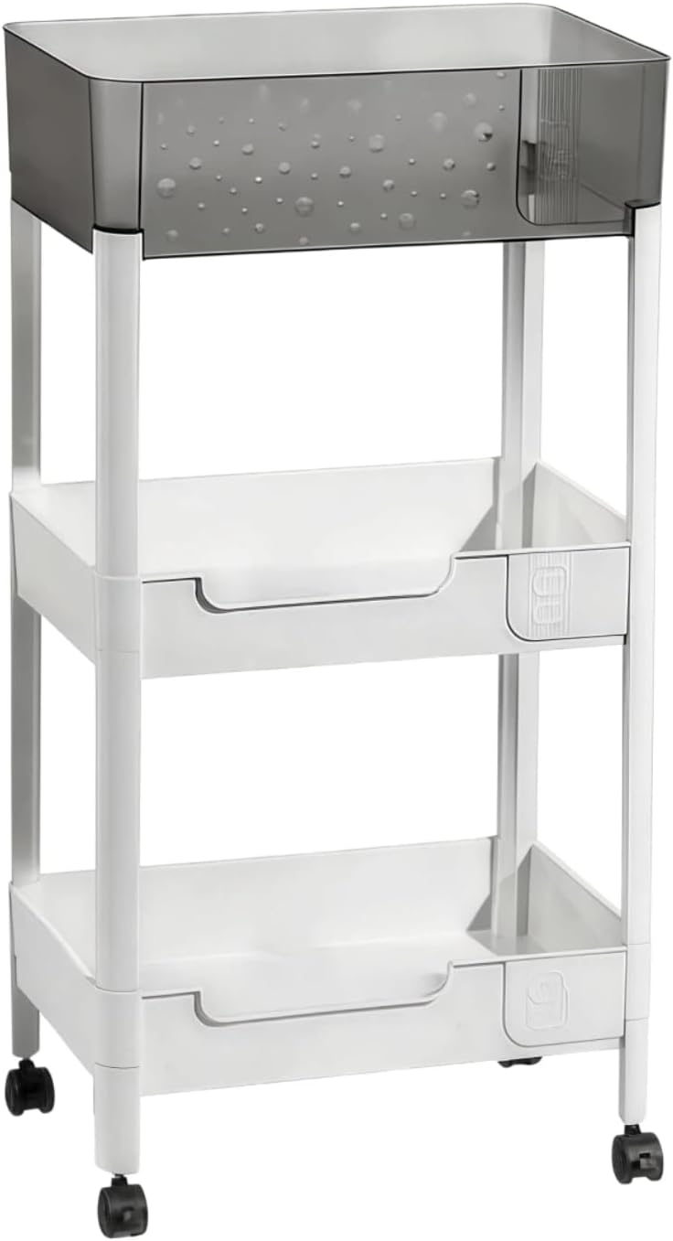 2 Tier Rolling Cart with Wheels for Under Desk Storage, Heavy Duty Plastic Short Small Utility Cart for Small Space Bathroom Vanity Makeup Organizer Pantry, 4.7'' Deep Baskets for Tall Bottles