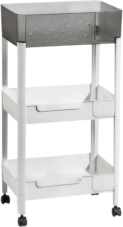 2 Tier Rolling Cart with Wheels for Under Desk Storage, Heavy Duty Plastic Short Small Utility Cart for Small Space Bathroom Vanity Makeup Organizer Pantry, 4.7'' Deep Baskets for Tall Bottles