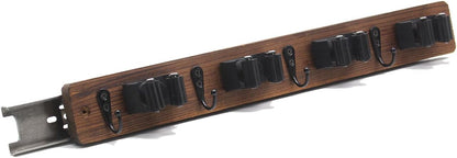Right Pull Out Mop and Broom Holder, Rustic Wood Broom Hanger with 4 Slots and 4 Hooks for Home Décor, Kitchen, Laundry Room and Closet, Broom and Mop Organizer Wall Mount for Garage Organize