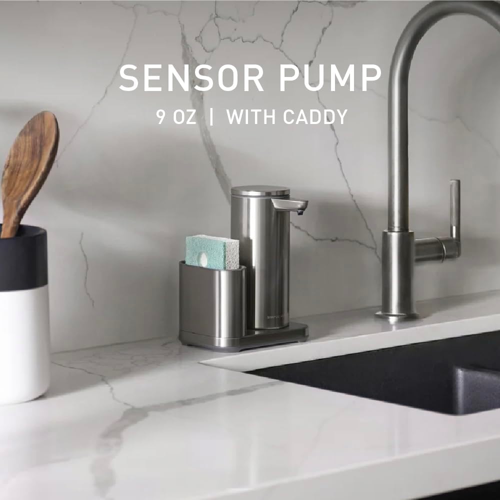 simplehuman Liquid Sensor Pump with Caddy, 9 oz Automatic Soap Dispenser for Kitchen and Bathroom, Touchless Motion Sensor, Variable Dispense, Rechargeable, High-Grade White Steel