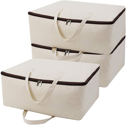 2-Pack Heavy Duty Canvas Cotton Storage Bags for King/Queen Duvets | Soft & Breathable | 3-Zip Opening, Dust Proof Blanket Organizer Bag | 23.6 * 8.7 * 17.7inches
