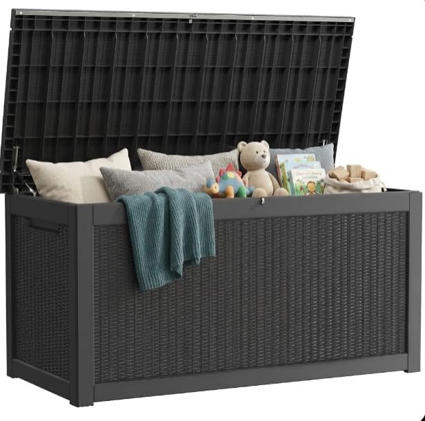 320 Gallon Outdoor Storage Box, Extra Large Waterproof Resin Deck Box with Lockable Lid Storage Bin for Patio Furniture Cushion, Garden Tools, Pool Accessories, UV-Resistant Outside, Black