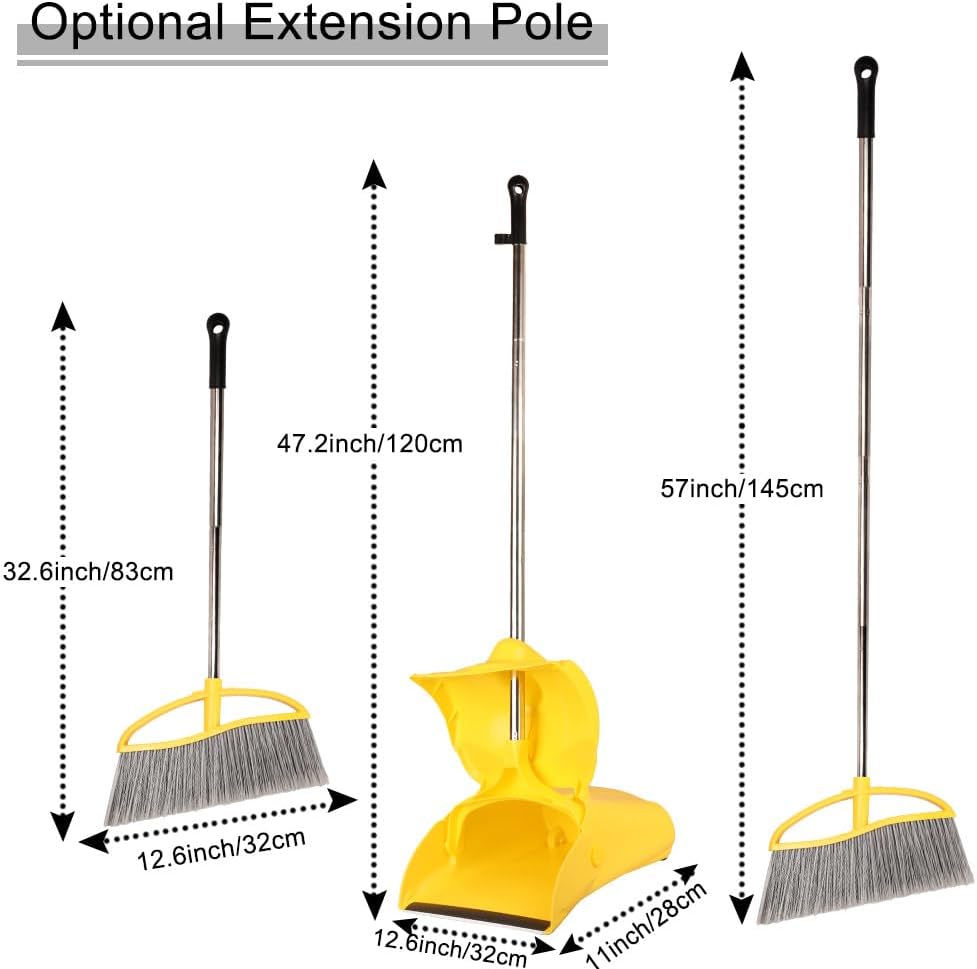 Long Handle Heavy Duty Broom and Dustpan Set, Outdoor and Commercial Upright Dustpan and Brush for Restaurant Garage Garden Yard Office,Black