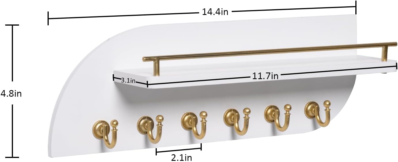 Key Holder for Wall, Decorative Key and Mail Organizer with 6 Sturdy Metal Hooks and Floating Shelf, 14 Inches Wood Wall Mounted Key Rack for Entryway, White and Gold