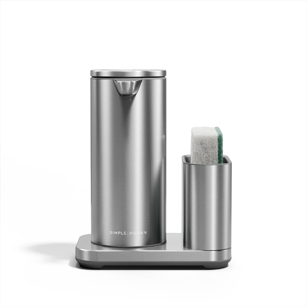 simplehuman Liquid Sensor Pump with Caddy, 9 oz Automatic Soap Dispenser for Kitchen and Bathroom, Touchless Motion Sensor, Variable Dispense, Rechargeable, High-Grade White Steel