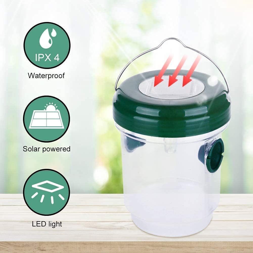 Solar Wasp Bee Trap, Outdoor Hanging LED Light Reusable Catcher for Outside | Brush Included, DIY Bait, Fits Hornet, Yellow Jacket, Wasp & Carpenter Bee, All-day Outdoor Use for Garden, Orchard & Farm