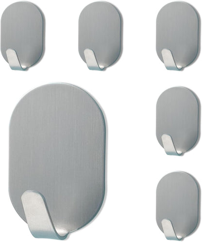 White Adhesive Hooks, 6-Pack Heavy Duty No Drill Bathroom Hooks | Waterproof & Rustproof Stainless Steel, Strong Adhesion, Holds Up to 11 lbs, Self Adhesive Wall Hooks for Towels & Robes