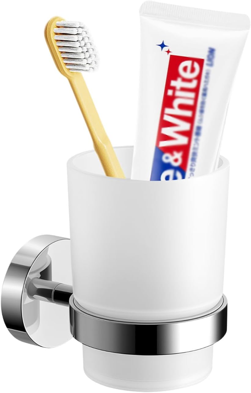Bathroom Toothbrush Holders Set - Wall Mounted Tooth Brush Holder with Glass Toothpaste Cup, Stainless Steel Toothbrush Caddy Storage for Kids & Adult (Single)