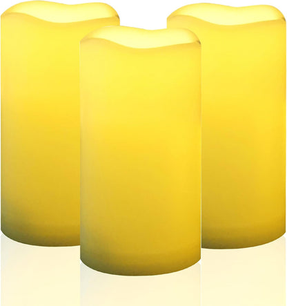 CANDLE CHOICE Waterproof Outdoor Battery Operated Flameless Candles with Remote Timer Plastic Flickering Fake Electric LED Pillars for Lantern Garden Wedding Christmas Decorations 3x4 Inches 3 PCS