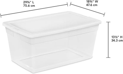 Sterilite 6 Pack Storage Box, 41 Quart Stackable Tote, Clear Plastic Container with Secure Snapping White Lids for Home and Office Organization