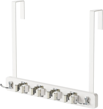 Mop and Broom Holder Wall Mount, No Drill Over the Door Broom and Mop Holder with 4 Slots and 4 Hooks, Wood Tool Hanger for Laundry, Cabinet, Kitchen, Garage
