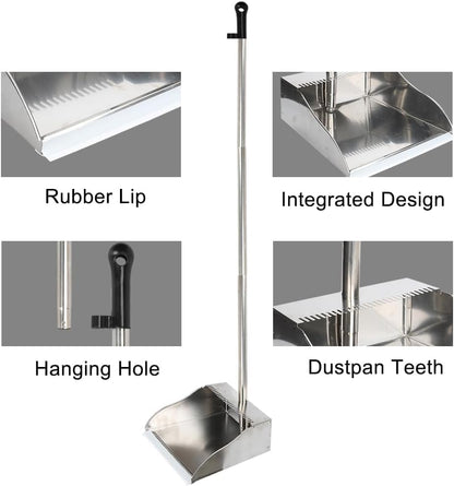 Stainless Steel Dustpan with Outdoor Stiff Bristles Broom,Long Handle Metal Dust Pan and Heavy Duty Broom for Home,Lobby,Office