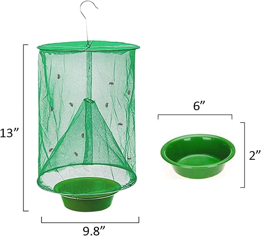Ranch Fly Trap Outdoor Hanging Reusable with Fishing Apparatus | Food Bait Tray Catcher Cage for Indoor or Outdoor Family Farms, Park (4 Pack)