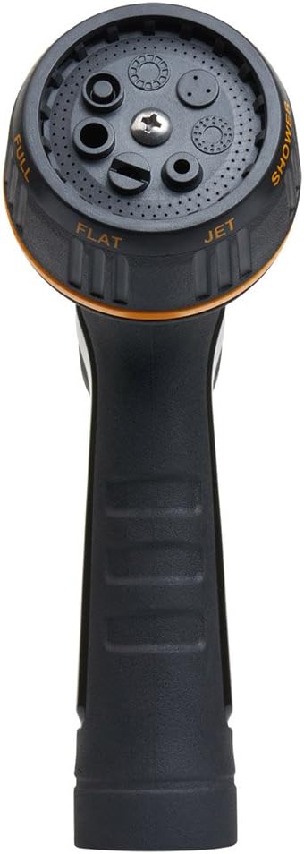 Melnor 65020-AMZ Metal Multi-Pattern Hose Nozzle with Rear Trigger Grip, 7 Spray Patterns, Heavy-Duty Metal Construction, Quick Connect Adapter, Black, Orange