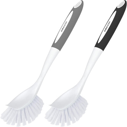 Amazer Dish Brush with Handle, 2 Pack Kitchen Scrub Brushes for Cleaning, Dish Scrubber with Stiff Bristles for Sink, Pots, Pans