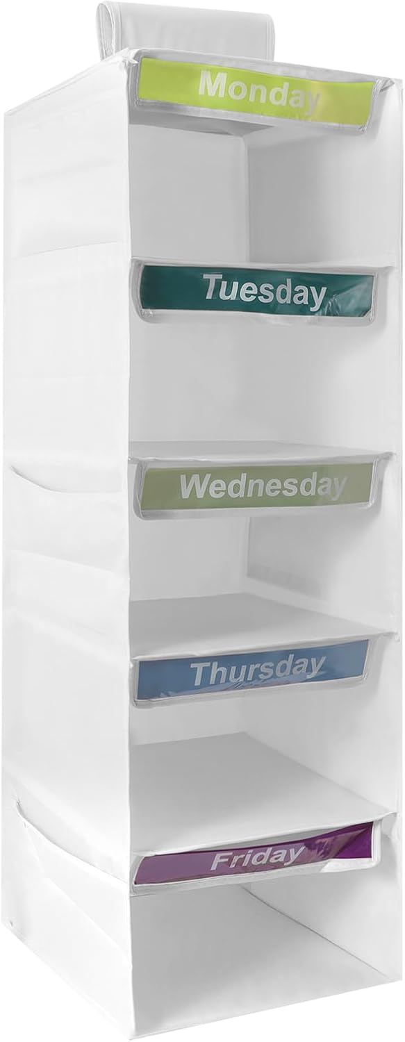 5-Shelf Weekly Clothes Organizer for Kids Days of The Week Hanging Storage Shelves Dorm Room Essential Daily Shelf Hanging Closet Organizer with 6 Side Pockets…