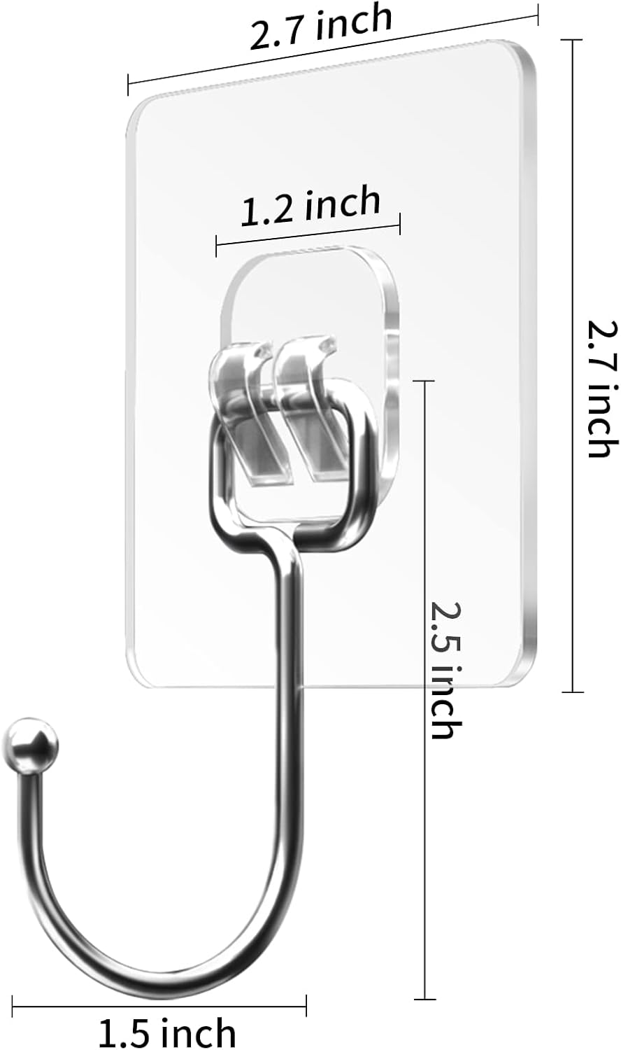 Large Adhesive Hooks for Hanging Heavy Duty Wall Hooks 22 lbs Self Adhesive Towel Waterproof Transparent for Bags Bathroom Shower Outdoor Kitchen Cups Door Coat Sticky Hooks (Transparent, 16pcs)