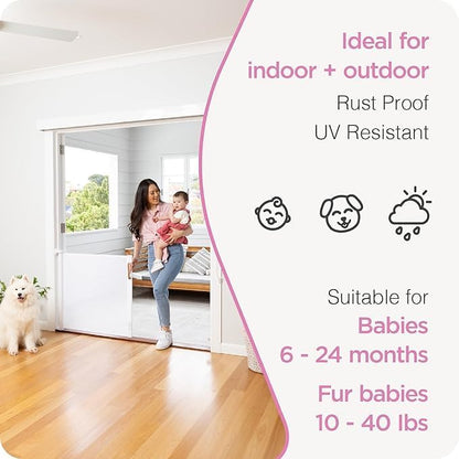 Retractable Baby Gate Perma Child Safety 33" Tall x 55” Wide, Mesh, for Stairs, Doorways, Dogs, Pets, Indoor, Outdoor, One-Handed Operation, Locking, Easy Install, Hardware Mount, White