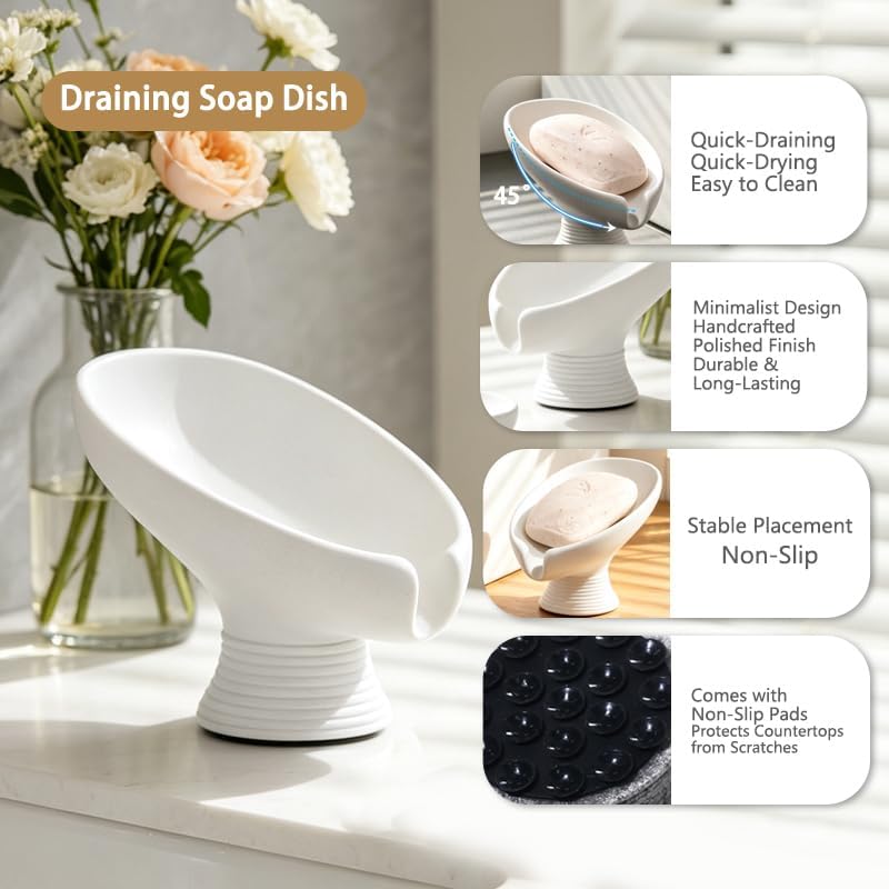 Self Draining Soap Dish with Suction Cup, Leaf Shaped Resin Soap Holder for Bathroom, Shower, Sink & Kitchen (Beige)