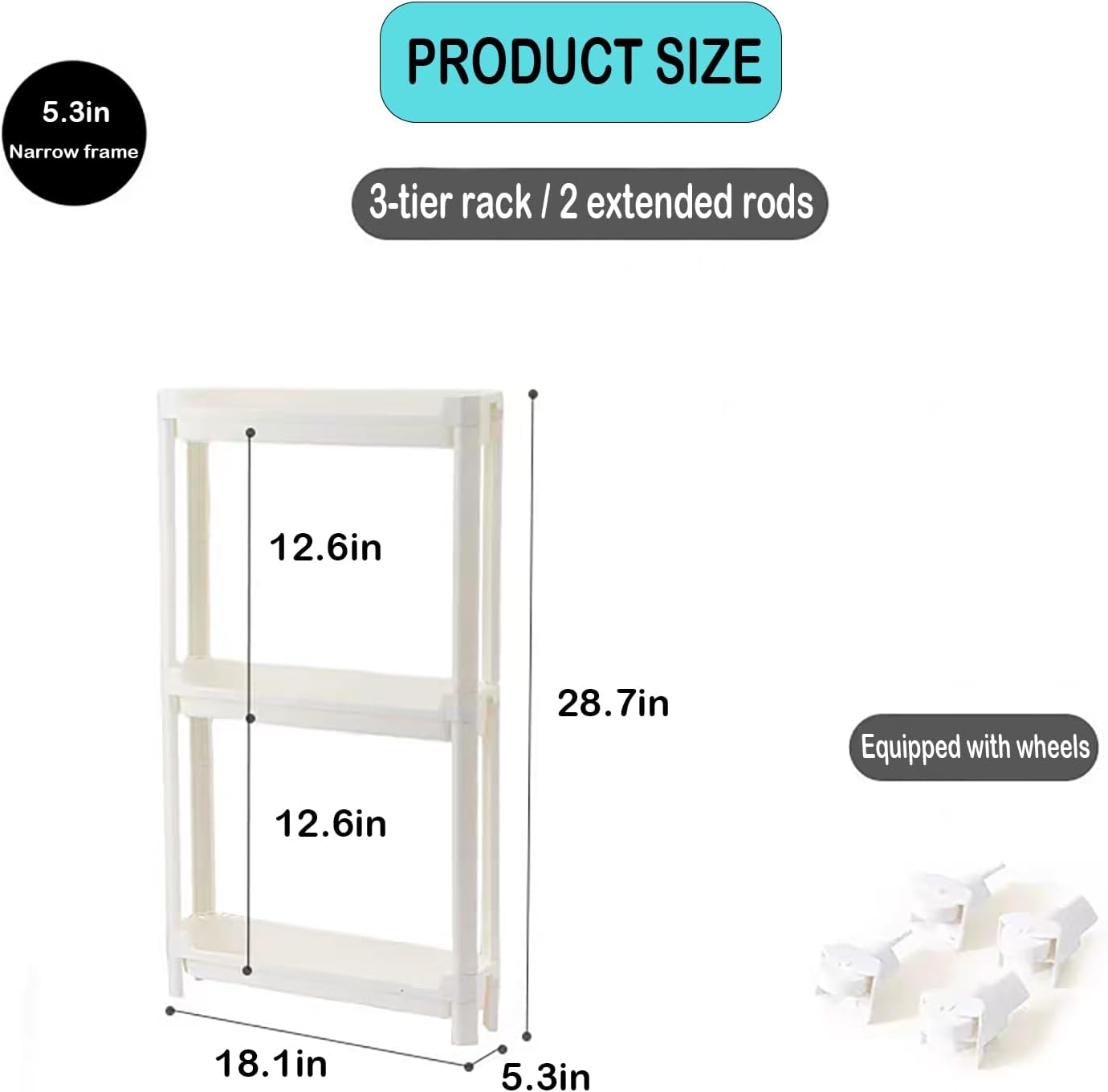 Slim Rolling Storage Cart with Wheels, Narrow Bathroom Cabinet Organizer for Small Spaces,Thin Shelf Unit,Kitchen,White (3 Tier)