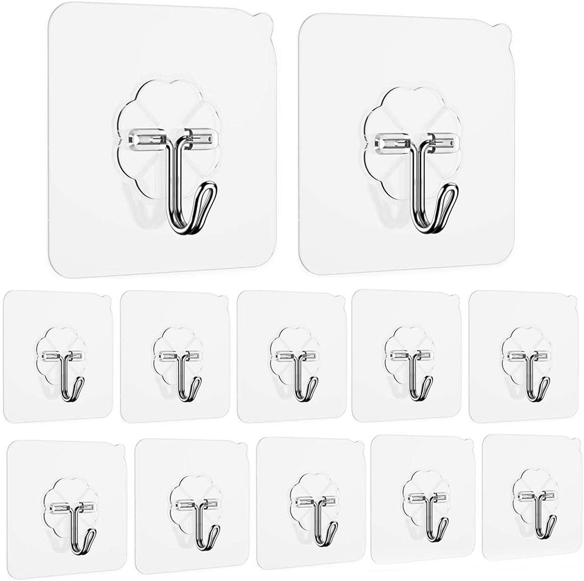 Adhesive Hooks Wall Hooks 44 lb/ 20 kg(Max), Heavy Duty Coat Hooks Waterproof and Oilproof Seamless Hooks, Reusable Hooks for Hanging Bathroom Kitchen