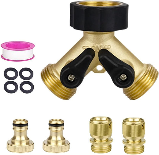 TMOK Garden Hose Splitter 2 Way With 2 Brass Nipple Connector,Heavy Duty Brass Hose Connector Tap Splitter, Y Splitter 2 Valves And Outdoor Faucet with 4 Extra Rubber Washers