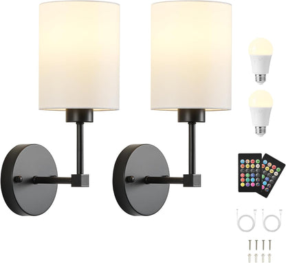 Battery Operated Wall Sconces Set of Two,Wireless Rechargeable Wall Light With Remote Control, Dimmable, Amber Light/Warm White/Natural White/Daylight/RGB, Timer,for Living Room,Bedroom,Entryway,Gold