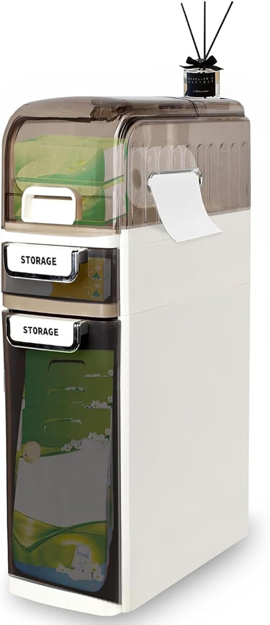 3-Tiers Slim Narrow Bathroom Storage Cabinet with Drawers, Waterproof Skinny Bathroom Storage Floor Cabinet with Tissue Box and Wheels for Small Spaces