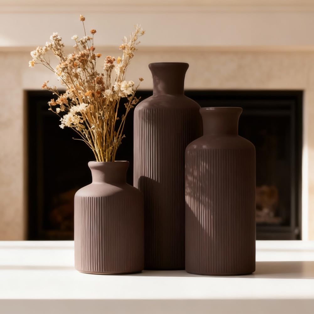Ceramic Vase Set of 3 – Small Flower Vases, Modern Farmhouse Boho Flower Vases for Home Decor, Rustic Pottery Vases for Centerpieces, Living Room, Shelf, Fireplace, Entryway Decor, Table or Cabinet