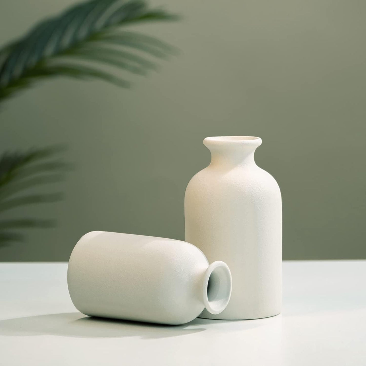 Hirdbrote Small Ceramic Vases for Decor, 2-Piece Set - Flower Vases, Modern Farmhouse & Rustic Home Decor, Wedding & Kitchen Centerpiece (5.5' & 4.7' Tall) (White)